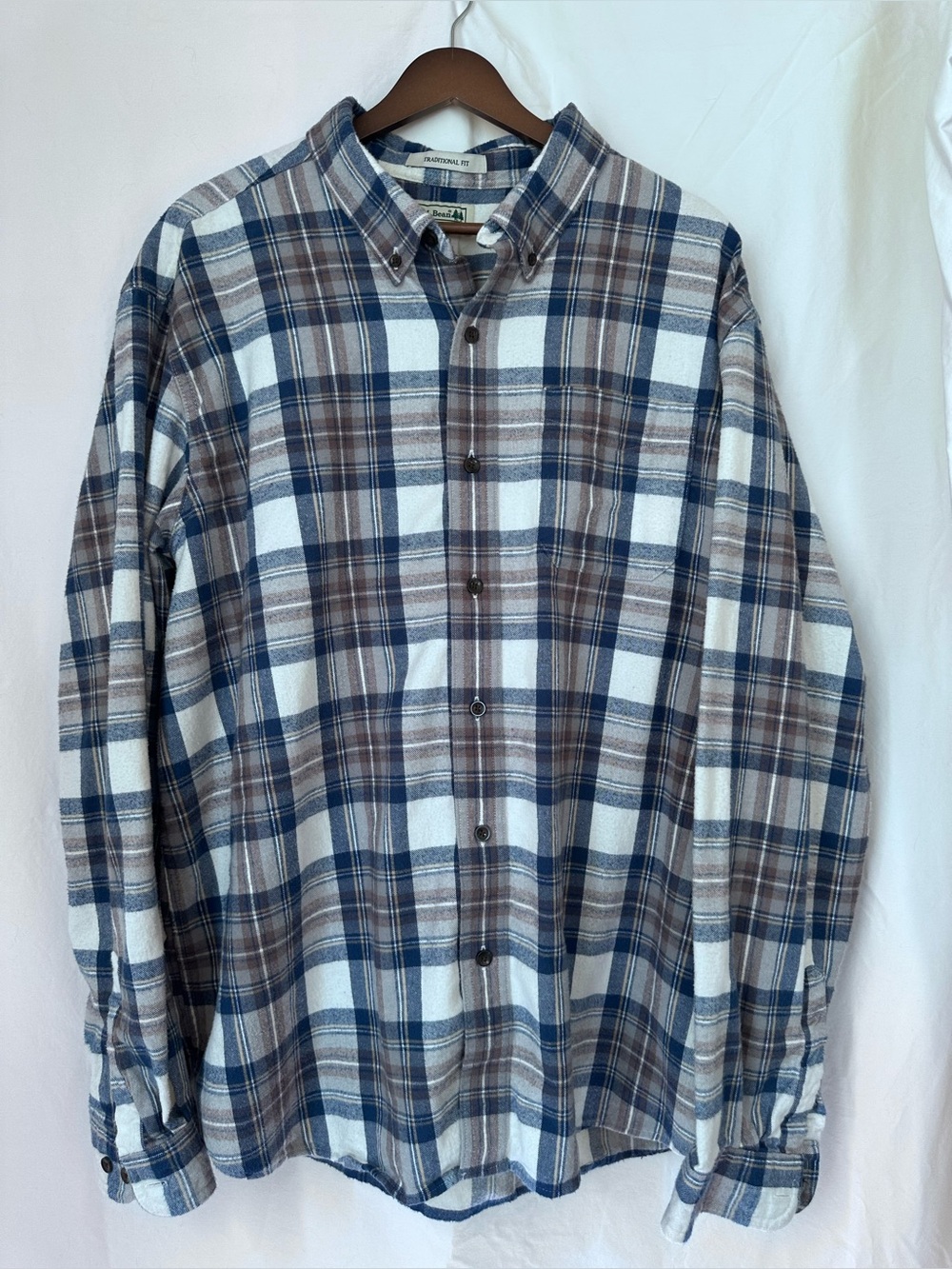 L.L. Bean Men's Blue, Grey & White Plaid Button-Down Shirt